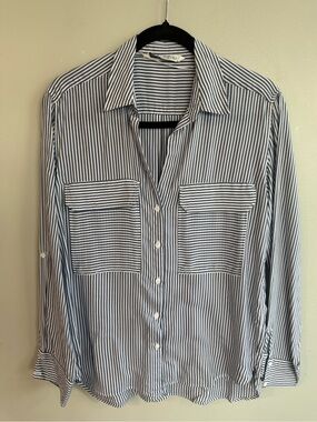 Zara Navy and White Vertical Stripe Button-Up Shirt